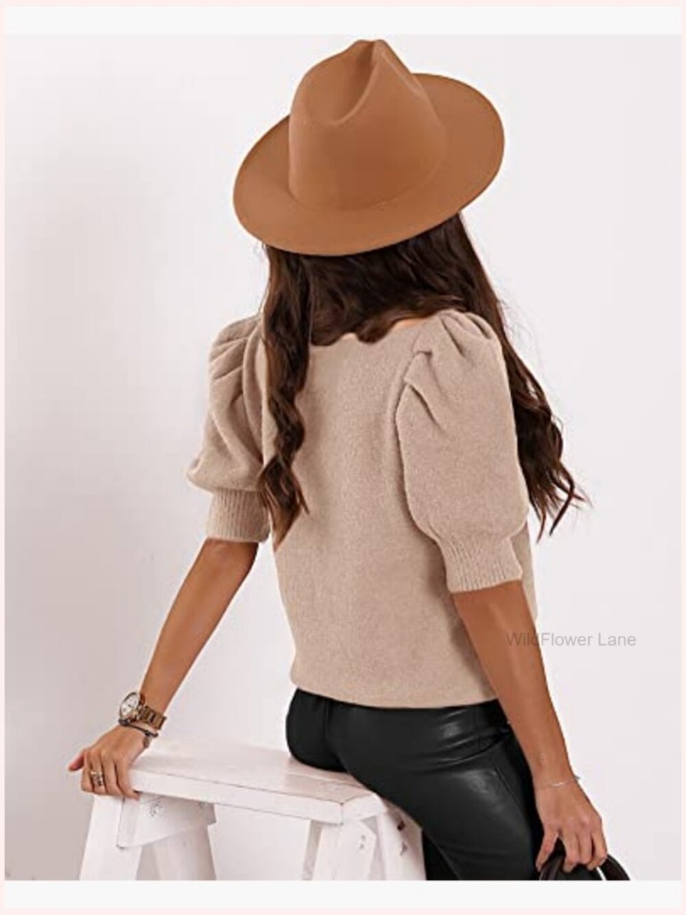 Puff Short Sleeve Knit Pullover Square Neck Loose Fit Casual - Picture 2 of 6